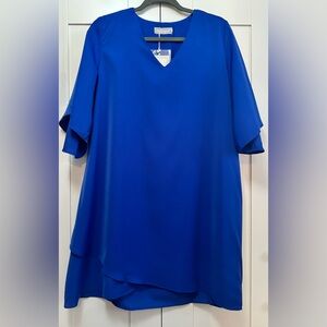 Blue V Neck Bell Shirt Sleeve Dress Chiffon With Arymetric Edge Sz LG NEW!